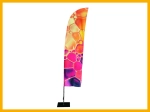 Custom-made colourful advertising sail with an abstract cell pattern on a black base, ideal for businesses.