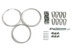 Mounting kit for triangular shade sail: steel cables, carabiners, turnbuckle and wall brackets.