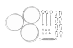 Montageset für dreieckige Sonnensegel: Stahlseile, Karabiner, Spannschlösser und Klemmen.