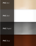 Farveprøve på PVC-terraseskærme: beige, hvid, grå og brun med materialetekstur.