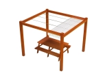 Horizontale PVC vouwgordijn op maat gemonteerd op een houten pergola boven een tuintafel met banken.