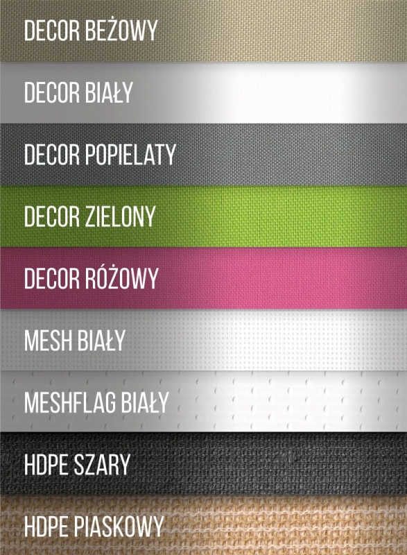 Δείγματα υφασμάτων Decor, Mesh και HDPE σε διάφορα χρώματα: μπεζ, λευκό, γκρι, πράσινο, ροζ και χρώμα άμμου.