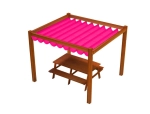 Pink horizontal premium Decor Roman blind made to measure mounted on a wooden pergola over a garden table.