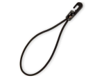 Black rubber expander with a plastic hook designed for securing and tensioning luggage or tarpaulins.