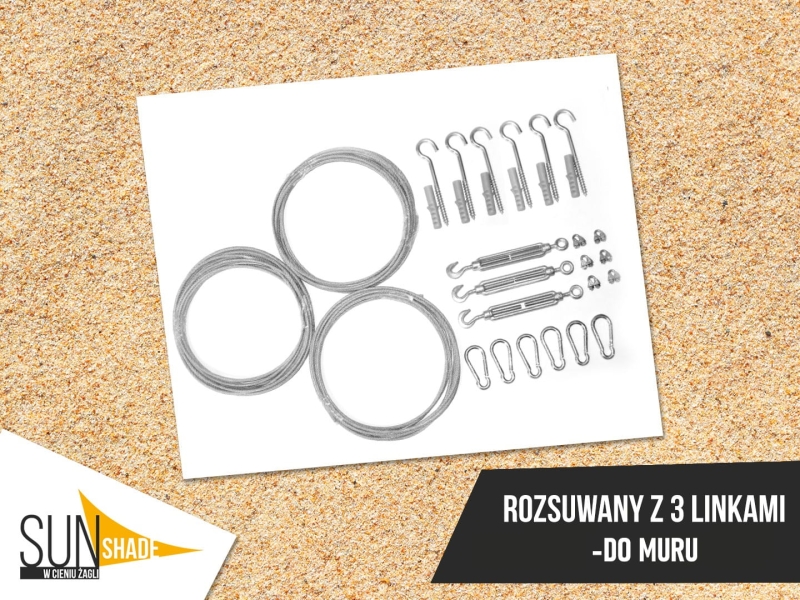 Montageset für ausziehbare Sonnensegel an 3 Seilen für Wandmontage, inkl. Stahlseile, Karabiner, Schrauben und Anker.