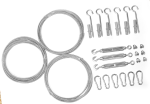 Montageset voor uitschuifbaar schaduwdoek op 3 staalkabels met haken, spanners, karabijnhaken en klemmen.