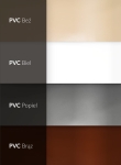 Kleurstalen waterdichte PVC-stof voor zonnezeil: beige, wit, grijs en bruin.