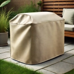 Beige, waterdichte beschermhoes op maat voor tuinmeubelen op een terras of patio.