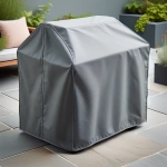 Graue maßgefertigte Schutzhülle für Gartengrill oder Außengeräte, an die Form des Geräts angepasst.