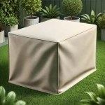 Beige beschermhoes op maat voor tuinmeubelen, geplaatst op groen gras omringd door potplanten.