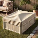 Copertura protettiva beige su misura in tessuto resistente, che copre un mobile da giardino rettangolare.