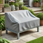Grey custom-made protective cover for garden sofa, protecting furniture from rain and sun on the terrace.