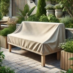 Copertura protettiva beige su misura per divano da giardino, protegge i mobili da pioggia e sole.