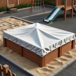 Bâche grise pour bac à sable sur mesure, protégeant la structure en bois de l'aire de jeux contre la pluie.