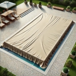 Lona beige para piscina a medida, perfectamente adaptada a una piscina rectangular en un jardín con terraza.