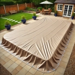 Copertura marrone per piscina da giardino su misura, stesa sulla terrazza di casa per proteggere la superficie dell'acqua.