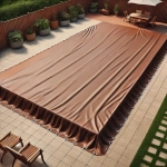 Lona castanha para piscina por medida com ilhós de montagem estendida num terraço privado.