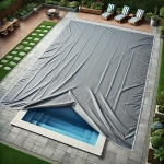 Copertura per piscina grigia su misura, che rivela parzialmente una piscina blu in un giardino moderno con terrazza.