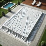 Grey, durable custom-made pool tarpaulin, precisely covering a large garden pool on a modern terrace.