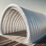 Durable white custom-made tarpaulin for an arched hangar, protecting the interior of the structure from weather conditions.