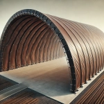 Bâche marron sur mesure installée sur un grand hangar en arc avec structure en acier.