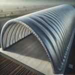 Silver tarpaulin for a custom-sized arch hangar, covering a concrete base in an open area.