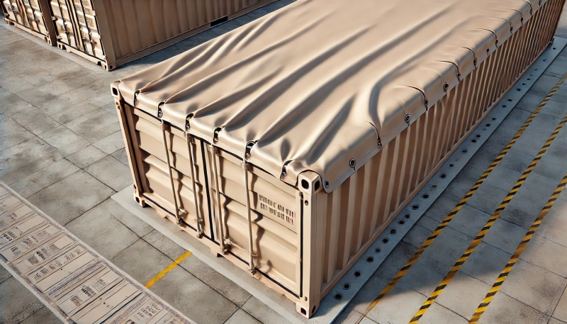 Robuste Containerplane in Beige nach Maß, die die Ladung effektiv vor Witterungseinflüssen schützt.