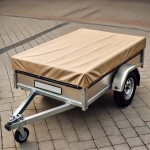 Custom-fit tarpaulin for a small car trailer with metal sides on a cobbled driveway.