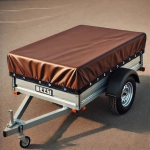 Robust brown car trailer tarpaulin, tailor-made, with metal mounting eyelets.