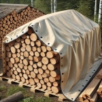 Izdržljiva bež cerada po mjeri koja prekriva hrpu drva za ogrjev na paletama u šumi.