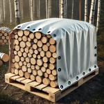 Bâche sur mesure pour bois de chauffage couvrant une pile de bûches de bouleau sur une palette en forêt.