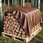Brun skreddersydd presenning for ved, som dekker en stabel med vedkubber på en pall i skogen.