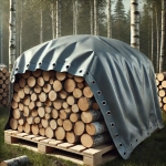 Op maat gemaakte afdekzeil voor haardhout ter bescherming van een stapel houtblokken op een pallet in een berkenbos.