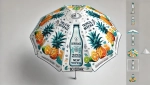 Parasol publicitaire avec fruits tropicaux et boisson, idéal pour jardin et terrasse de restaurant.