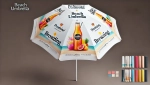 Parasol publicitaire blanc avec impression de boisson estivale, fruits et plage, idéal pour jardin ou terrasse.