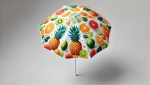 Parasol de jardin coloré avec motif de fruits juteux, tels que des ananas, des oranges et des limes, sur fond blanc.