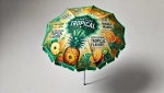 Spalvingas reklaminis sodo skėtis su tropinių vaisių grafika ir užrašu Refreshing Tropical Flavors.
