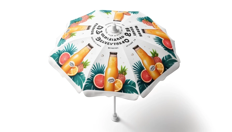 Parasol publicitaire blanc avec impression de bouteilles de jus d'orange, de tranches de fruits et de feuilles de palmier tropicales.