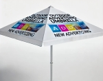 White square advertising umbrella with Outdoor Advertising Umbrella print and colourful graphics on the canopy.