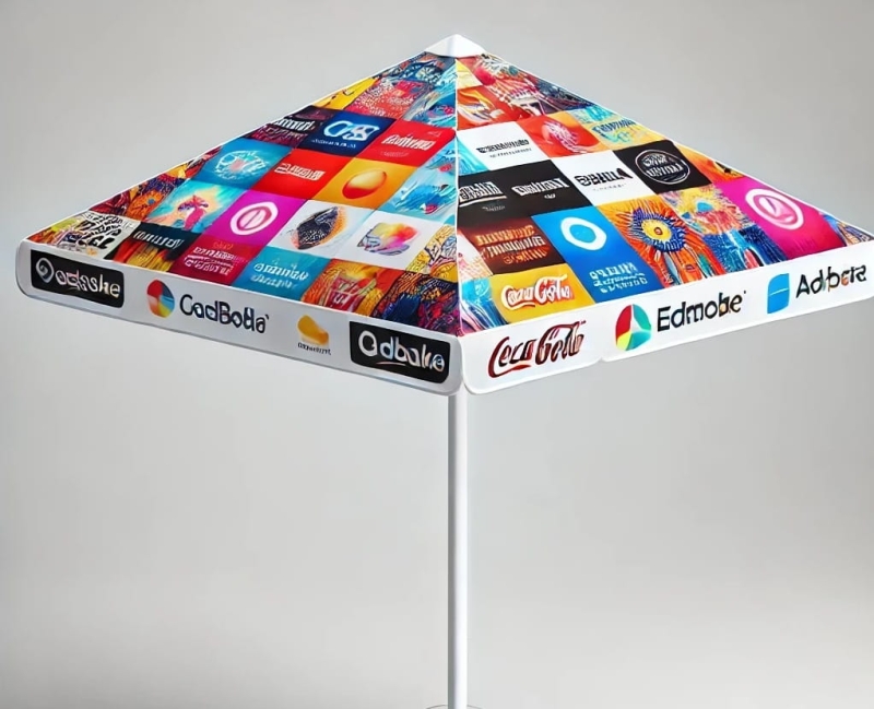 Promotional event umbrella with a dense print of colourful logos on the canopy and a white border with logos of well-known brands.