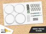 Kit de montagem para vela de jardim à medida: cabos de aço, mosquetões, esticadores e suportes para madeira.