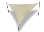 Beige triangular waterproof premium sun sail 3.5x3.5x3.5 m mounted on steel masts in a garden.