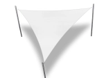 White triangular premium waterproof sun sail, 3.5x3.5x3.5 m, stretched on three masts.