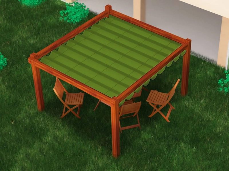 Horisontaalne premium Decor rooma kardin 3x4, roheline, paigaldatud puidust aia pergolale.