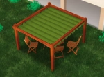 Horizontal premium Decor 4x4 Roman blind in green mounted on a wooden garden pergola.