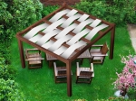 Bahçe oturma grubu ile ahşap çardak çatısına örülmüş su geçirmez beyaz çardak şeridi 0,4x5 m.