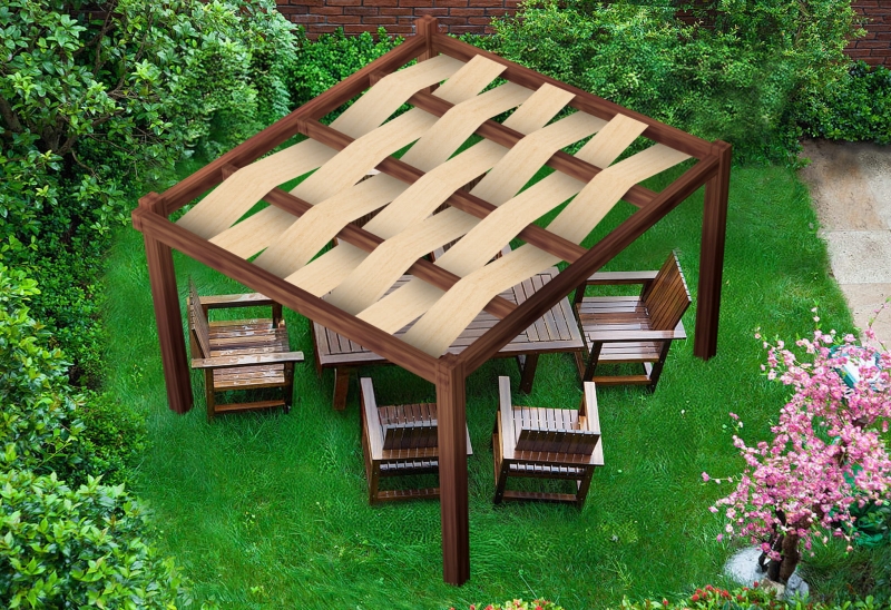 Pérgola castanha com faixa de sombra em HDPE bege 0,7x5 m sobre móveis de jardim na relva.