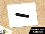 Conector de plástico preto para tubos de alumínio sobre fundo branco com logótipo Sun Shade. Elemento estrutural de guarda-sóis.