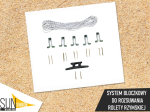 Pulley system mounting kit for Roman blinds with cord, pulleys, screws, and cleat on a light background.