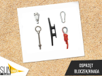 Mounting accessory set for sun sails: pulley, black cleat, turnbuckle, carabiner and rope.